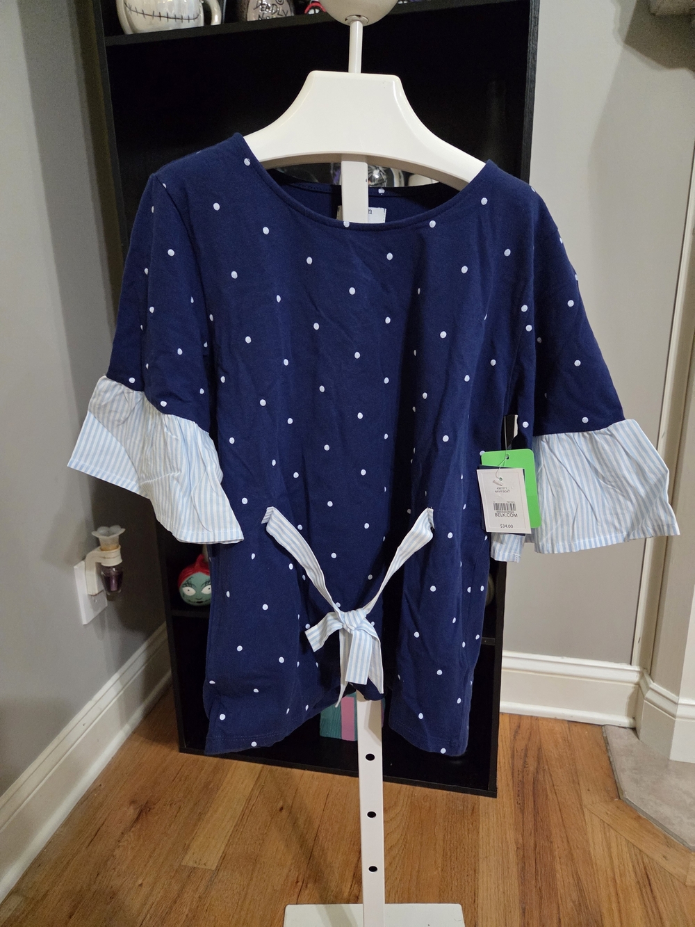crown & ivy Navy Polka Dot Tee with Striped Ruffle Sleeves